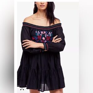 Free People Black Mini Dress with Floral Embroidery
